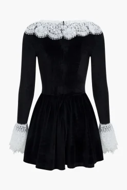 MICAS Long Sleeve Dresses|Mini Dresses-Lace Patchwork Velvet Long Sleeve Mini Dress BLACK