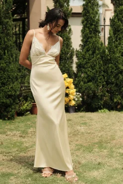 MICAS Maxi Dresses-Lace Patchwork V-neck Slip Maxi Dress BEIGE