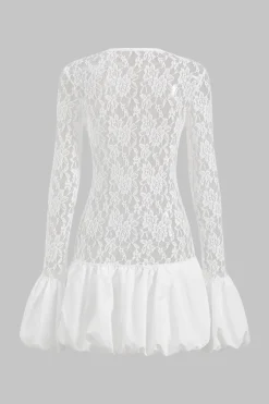 MICAS Long Sleeve Dresses|Mini Dresses-Lace Round Neck Bell Sleeve Mini Dress WHITE