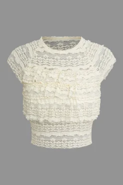 MICAS Skirt Sets-Lace Ruffle Crop Top And Skirt Set BEIGE