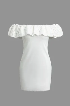 MICAS Mini Dresses-Lace Ruffle Neckline One Shoulder Mini Dress WHITE