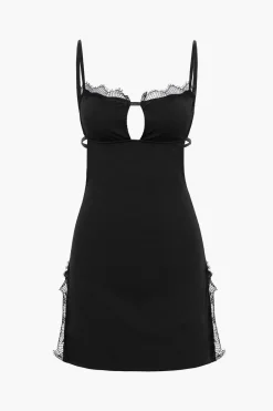 MICAS Mini Dresses-Lace Trim Backless Slit Mini Dress BLACK