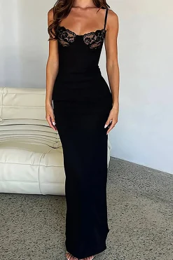 MICAS Maxi Dresses-Lace Trim Patchwork Maxi Dress BLACK