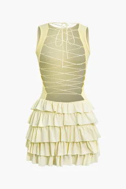 MICAS Mini Dresses-Lace Up Back Sleeveless Ruffle Hem Mini Dress
