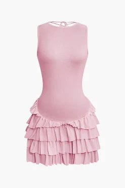 MICAS Mini Dresses-Lace Up Back Sleeveless Ruffle Hem Mini Dress