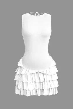 MICAS Mini Dresses-Lace Up Back Sleeveless Ruffle Hem Mini Dress