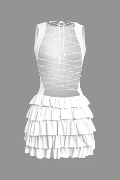 MICAS Mini Dresses-Lace Up Back Sleeveless Ruffle Hem Mini Dress