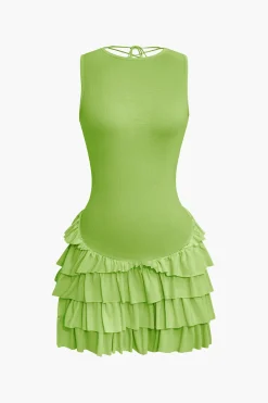 MICAS Mini Dresses-Lace Up Back Sleeveless Ruffle Hem Mini Dress