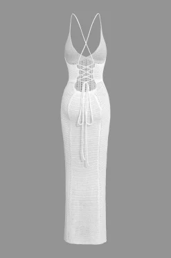 MICAS Knitwear|Knit Dresses-Lace Up Backless V-Neck Hollow Out Knit Dress