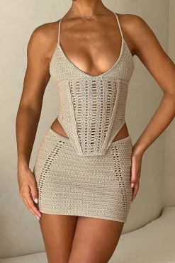 MICAS Knit Sets-Lace Up Crisscross Knit Crop Top And Mini Skirt Set