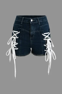 MICAS Shorts-Lace Up Denim Short DARK WASH BLUE