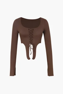 MICAS Long Sleeve Tops|Long Sleeves Tops-Lace Up Slit Sleeve Crop Top