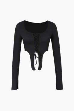 MICAS Long Sleeve Tops|Long Sleeves Tops-Lace Up Slit Sleeve Crop Top