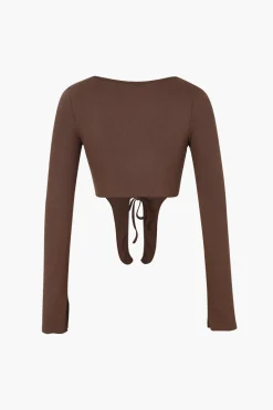 MICAS Long Sleeve Tops|Long Sleeves Tops-Lace Up Slit Sleeve Crop Top