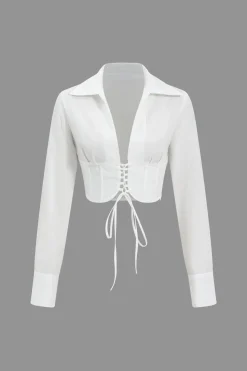 MICAS Long Sleeve Tops|Long Sleeves Tops-Lace-Up Tie-Up Long-Sleeve Shirt WHITE