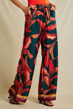 MICAS Pants-Leaf Print Drawstring Wide Leg Pants RED