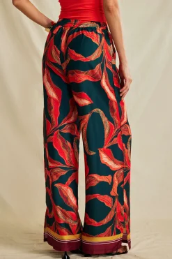 MICAS Pants-Leaf Print Drawstring Wide Leg Pants RED