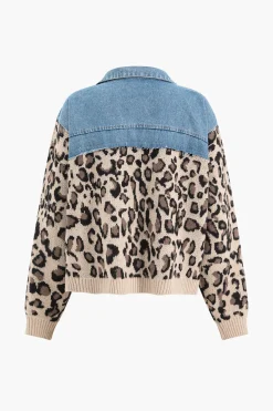 MICAS Outerwear|Outerwear-Leopard Print Patchwork Denim Jacket BROWN