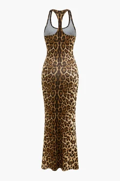 MICAS Maxi Dresses-Leopard Print Backless Sleeveless Maxi Dress Contrast Color
