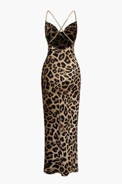MICAS Maxi Dresses-Leopard Print Cross Chain Cowl Neck Slit Slip Maxi Dress LIGHT BROWN