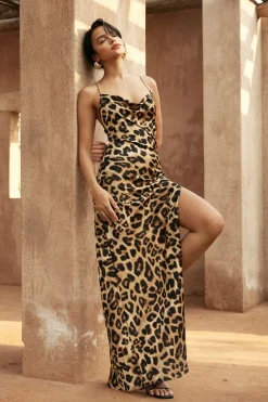 MICAS Maxi Dresses-Leopard Print Cross Chain Cowl Neck Slit Slip Maxi Dress LIGHT BROWN