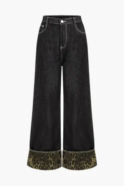 MICAS Jeans-Leopard Print Denim Patchwork Straight Leg Jeans BLACK