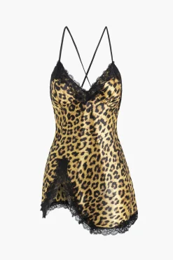 MICAS Lingerie & Sleepwear-Leopard Print Lace Trim Dress Lingerie COFFEE