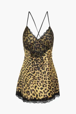 MICAS Lingerie & Sleepwear-Leopard Print Lace Trim Dress Lingerie COFFEE