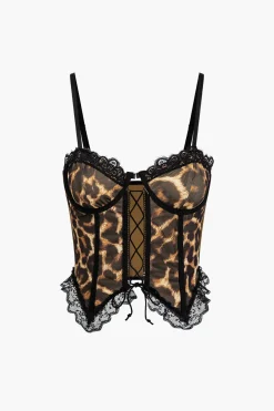 MICAS Corset & Bustier Tops-Leopard Print Lace-Up Bustier Top BLACK