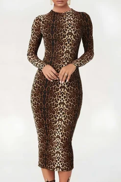 MICAS Long Sleeve Dresses|Midi Dresses-Leopard Print Long Sleeve Slim Midi Dress