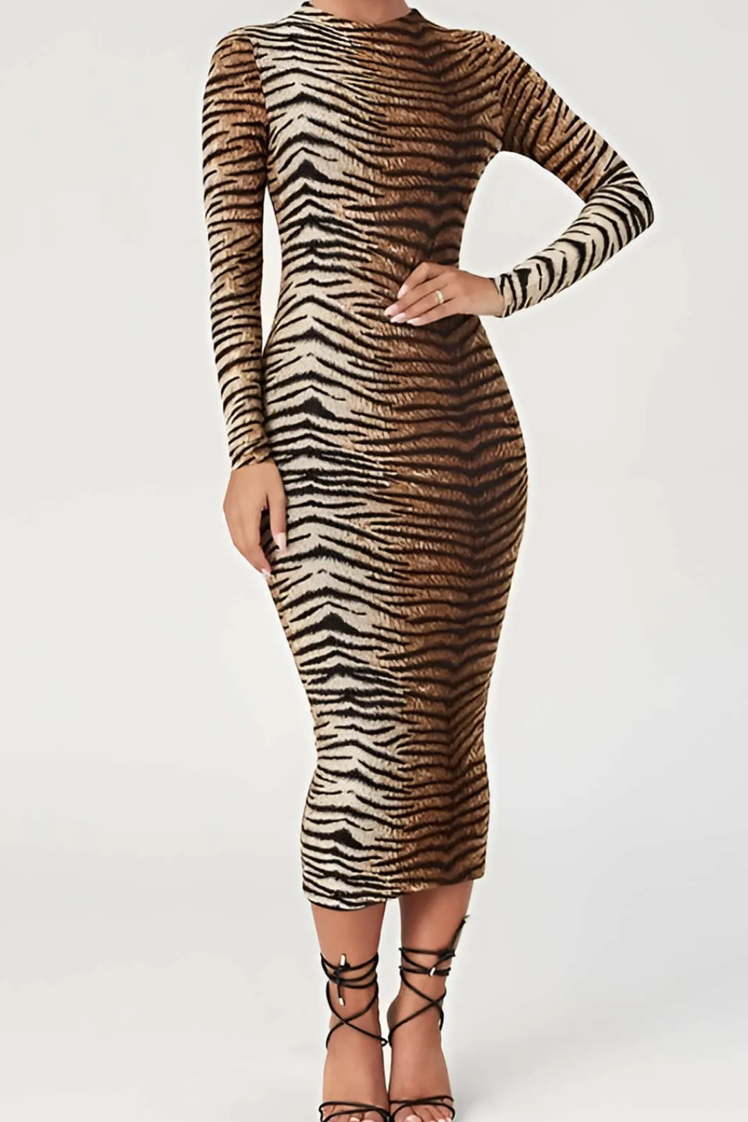 MICAS Long Sleeve Dresses|Midi Dresses-Leopard Print Long Sleeve Slim Midi Dress