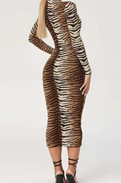 MICAS Long Sleeve Dresses|Midi Dresses-Leopard Print Long Sleeve Slim Midi Dress