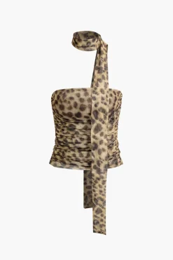 MICAS Tube Tops-Leopard Print Mesh Halter Tube Top Contrast Color