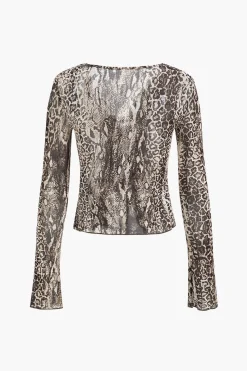 MICAS Long Sleeve Tops|Long Sleeves Tops-Leopard Print Mesh Long-Sleeve Top CARAMEL