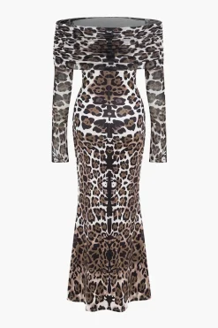 MICAS Long Sleeve Dresses|Maxi Dresses-Leopard Print Mesh Off Shoulder Long Sleeve Maxi Dress Contrast Color