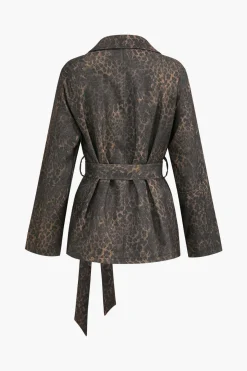 MICAS Outerwear|Outerwear-Leopard Print Pocket Button Belted Jacket COFFEE