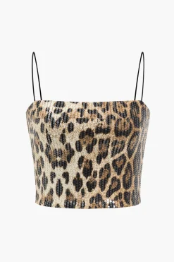 MICAS Tank Tops & Cami-Leopard Print Sequin Shiny Cropped Cami Top Contrast Color