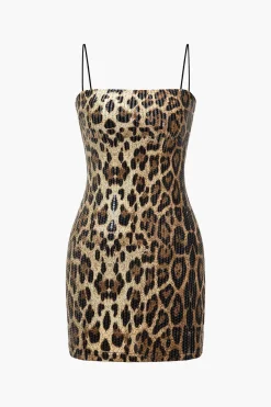 MICAS Mini Dresses-Leopard Print Sequins Spaghetti Strap Mini Dress Contrast Color