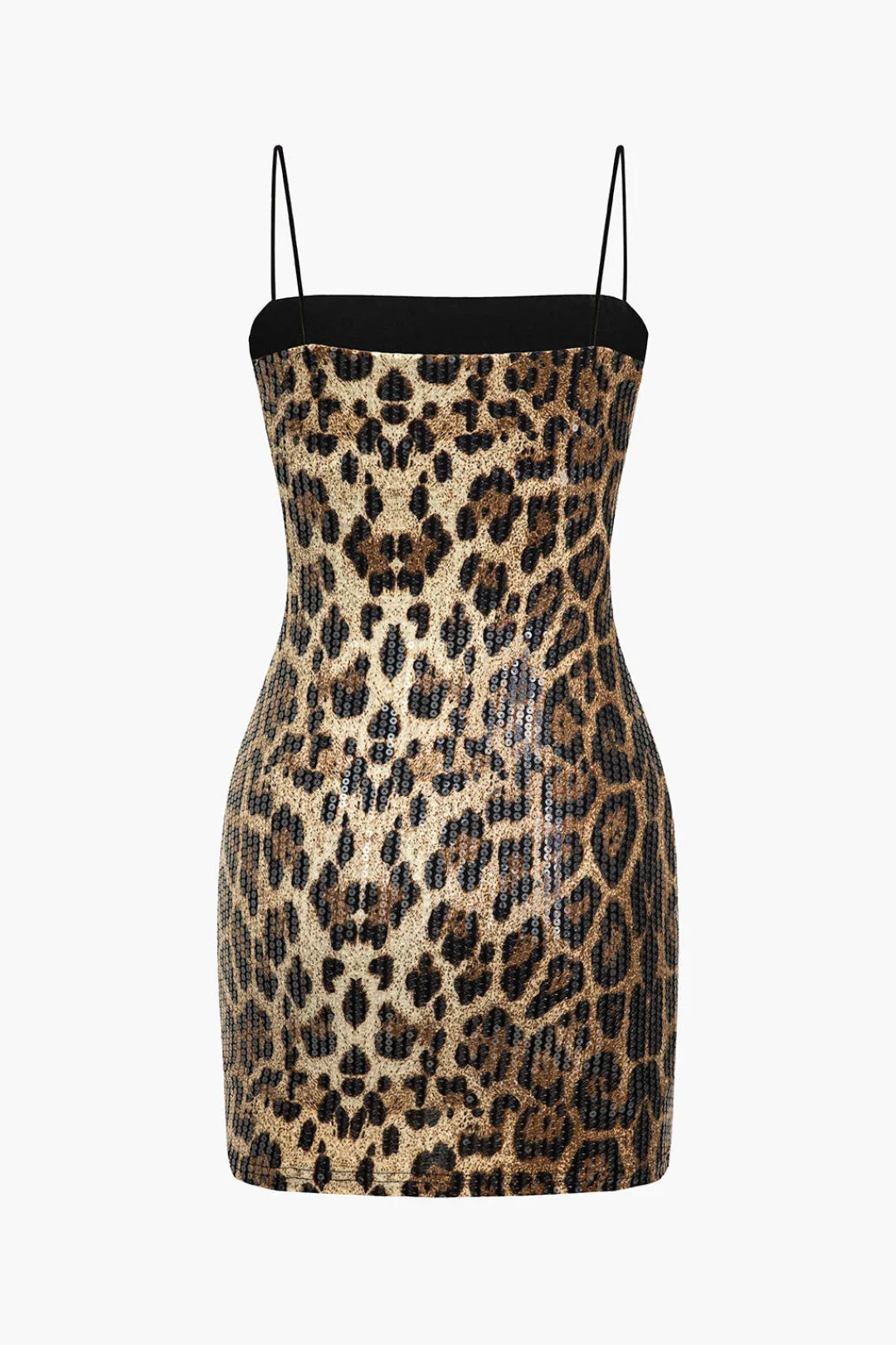 MICAS Mini Dresses-Leopard Print Sequins Spaghetti Strap Mini Dress Contrast Color