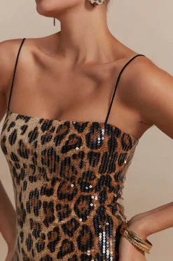 MICAS Mini Dresses-Leopard Print Sequins Spaghetti Strap Mini Dress Contrast Color