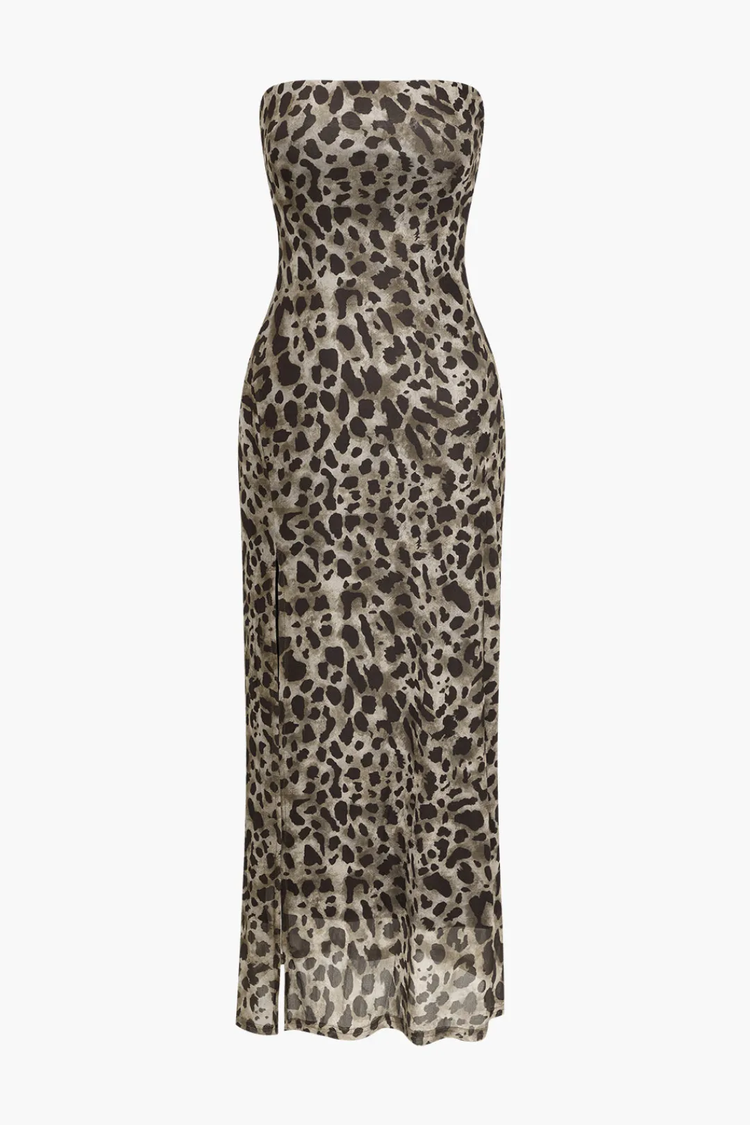 MICAS Midi Dresses-Leopard Print Slit Strapless Midi Dress Contrast Color