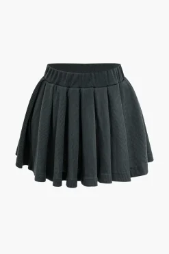 MICAS Skirt Sets-Letter Embroidered Rib Knit Stand Collar Zipper Crop Cardigan And Pleated Mini Skirt Set GRAY