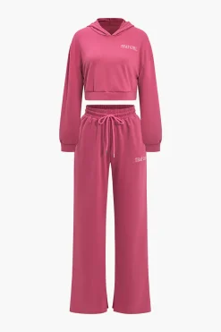 MICAS Pant Sets|Vacation Sets-Letter Embroidery Hooded Top And Tie-Up Trousers Set