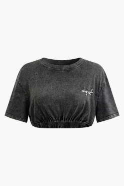 MICAS T-Shirts-Letter Embroidery Ruched Crop T-shirt DIM GRAY