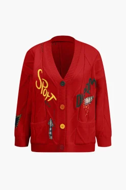 MICAS Outerwear|Outerwear-Letter Embroidery Sweater Cardigan