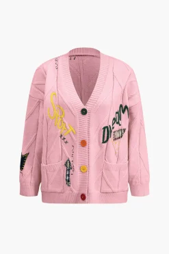 MICAS Outerwear|Outerwear-Letter Embroidery Sweater Cardigan