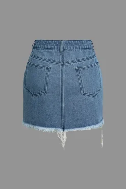 MICAS Skirts-Letter Print Frayed Hem Denim Skirt
