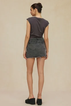 MICAS Skirts-Letter Print Frayed Hem Denim Skirt