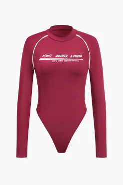 MICAS Bodysuits-Letter Print Long Sleeve Bodysuit BURGUNDY