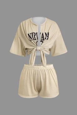 MICAS Short Sets|Vacation Sets-Letter Print Tie Front Crop Top And Shorts Set KHAKI